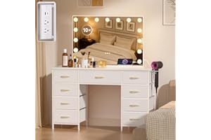 COMHOMA Vanity Desk with Large 35" Mirror,15 LED Bulbs and Power Outlet,Makeup Table with 9 Storage Drawers and HD Mirrors,3 Color Modes Adjustable Lighting for Bedroom Dressing Room(White)
