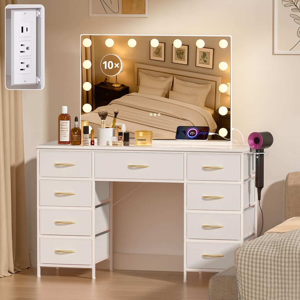 Photo 1 of ***PARTIAL SET*** COMHOMA Vanity Desk with Large 35" Mirror,15 LED Bulbs and Power Outlet,Makeup Table with 9 Storage Drawers and HD Mirrors,3 Color Modes Adjustable Lighting for Bedroom Dressing Room(White)