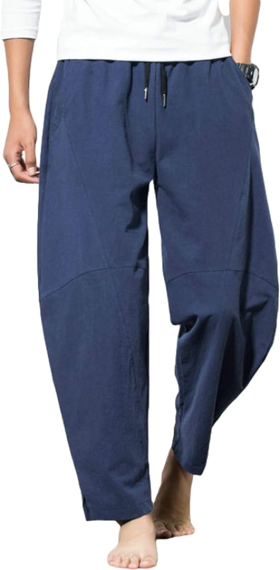 N/ A Men's Solid Color Cotton Baggy Wide Leg Pants Trousers with