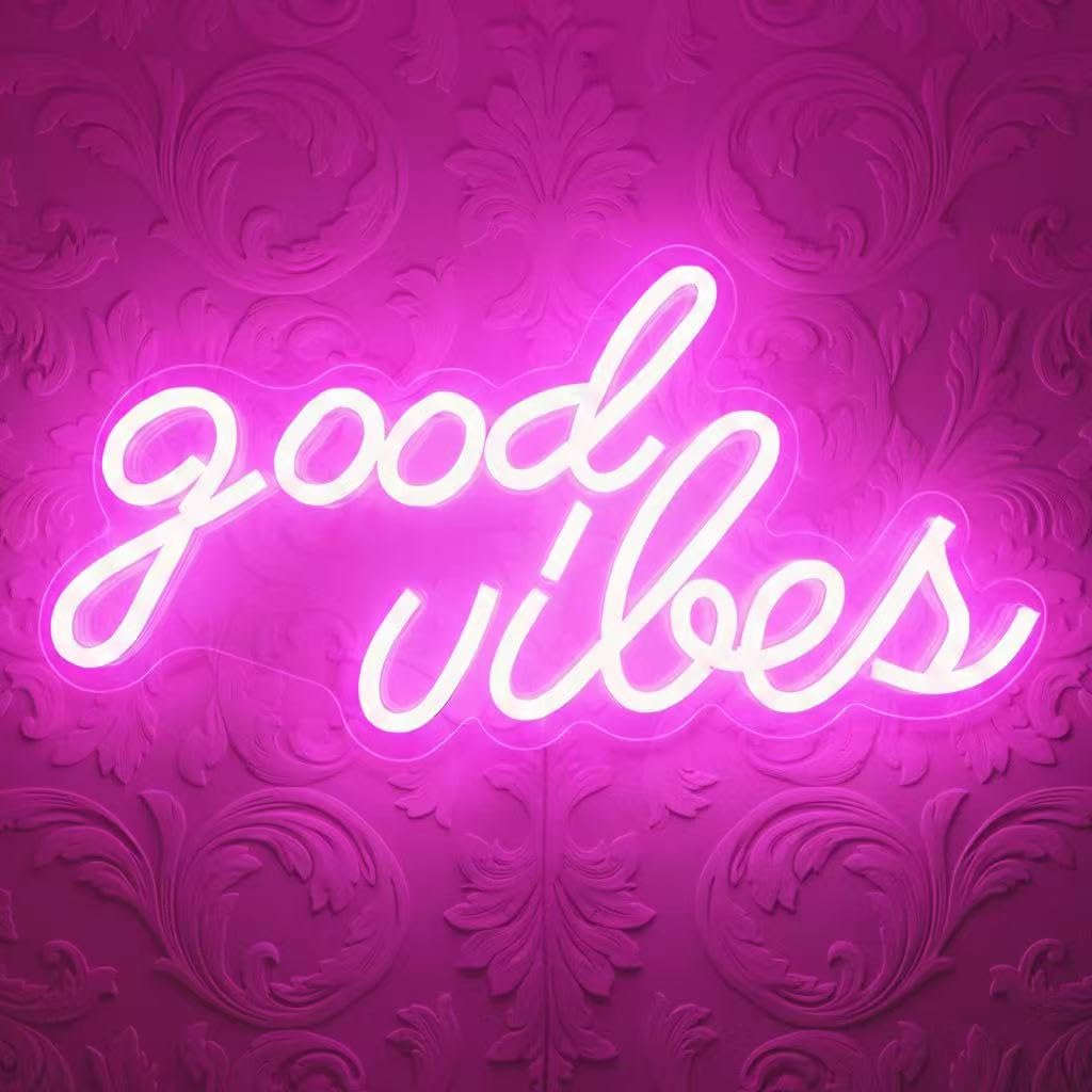 DECANIT Good Vibes Neon Sign Pink, Aesthetic LED Light for Wall Decor, Bedroom, College Dorm, Studio, USB Powered 3D Night Lamp for Birthday Gift, Party Background, 16.1x8.3 Inch