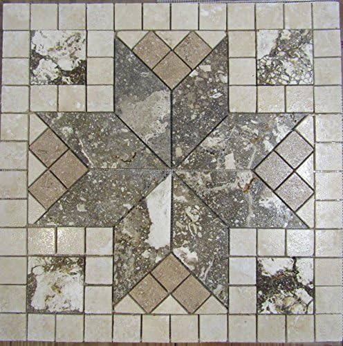 24" Tumbled Travertine and Volcano Limestone Mosaic Medallion Floor or Wall Tile Art