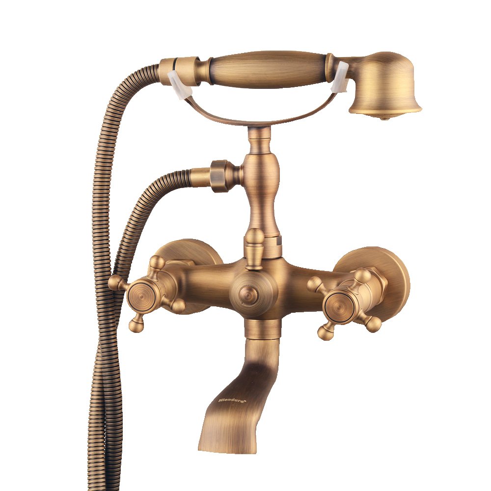 Hiendure®Wall-mount Two Handles Bathtub Tap with Hand Shower Antique Brass Finish