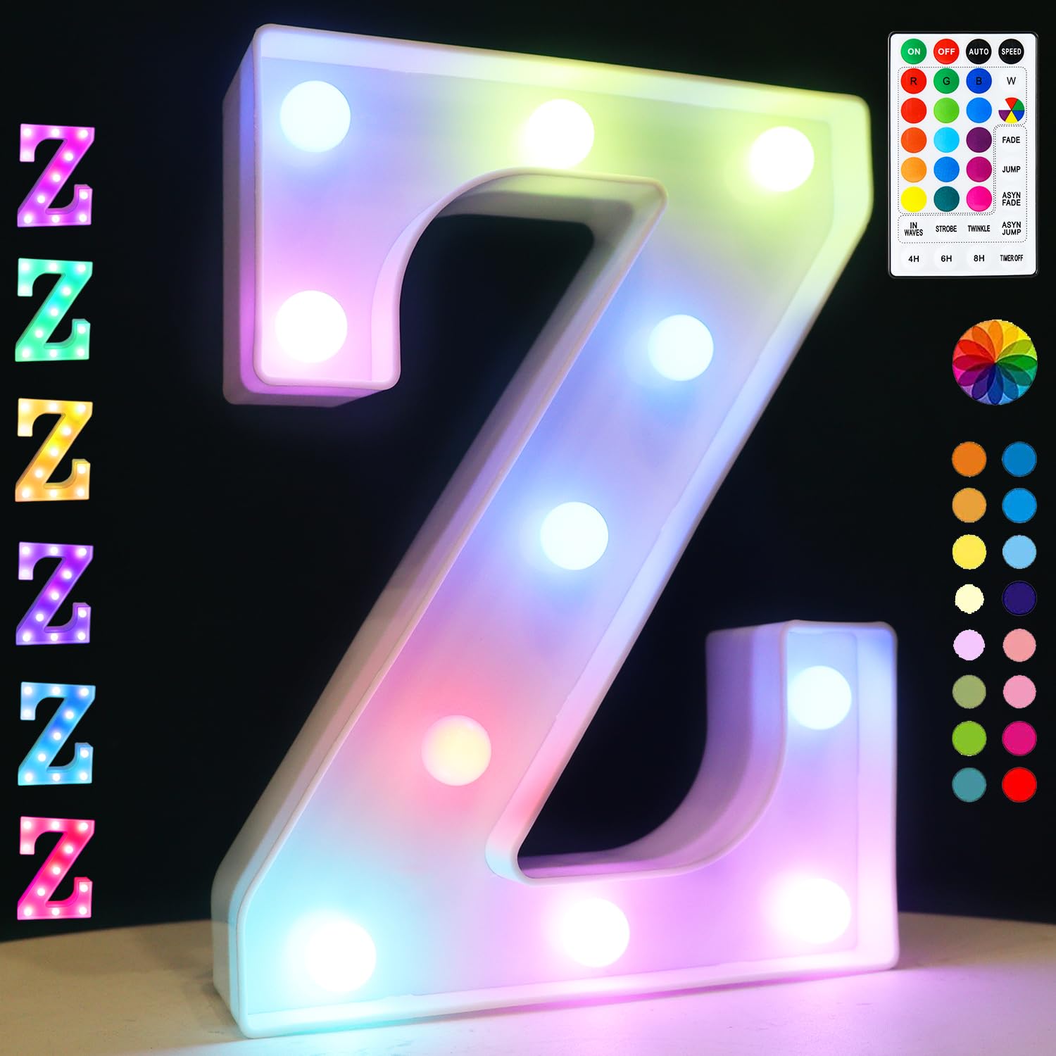 Light Up Colorful LED Marquee Letter Lights, 18 Colors Changing Alphabet Letters Sign with Remote Timer for Night Light Wedding Birthday Party Lamp Christmas Home Bar Decor- Colorful Z
