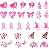 KISSITTY 26Pcs Breast Cancel Awareness Alloy Charms Pink Ribbon Alloy Pendants Hope Metal Charms for DIY Necklace Bracelet Earring Jewelry Making