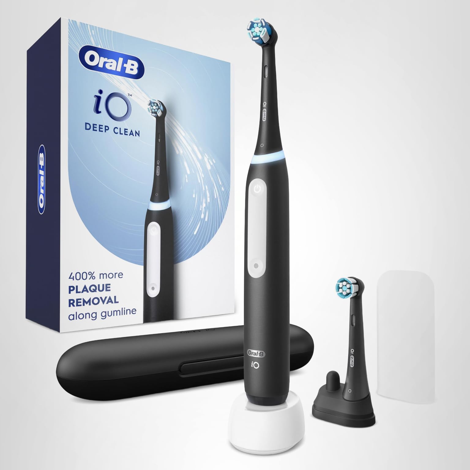 Oral-B iO Deep Clean Rechargeable Electric Powered Toothbrush, Black with iO Series 3 Limited, 2 Brush Heads and Travel Case - Pressure Sensor to Protect Gums - 3 Cleaning Settings - 2 Minute Timer