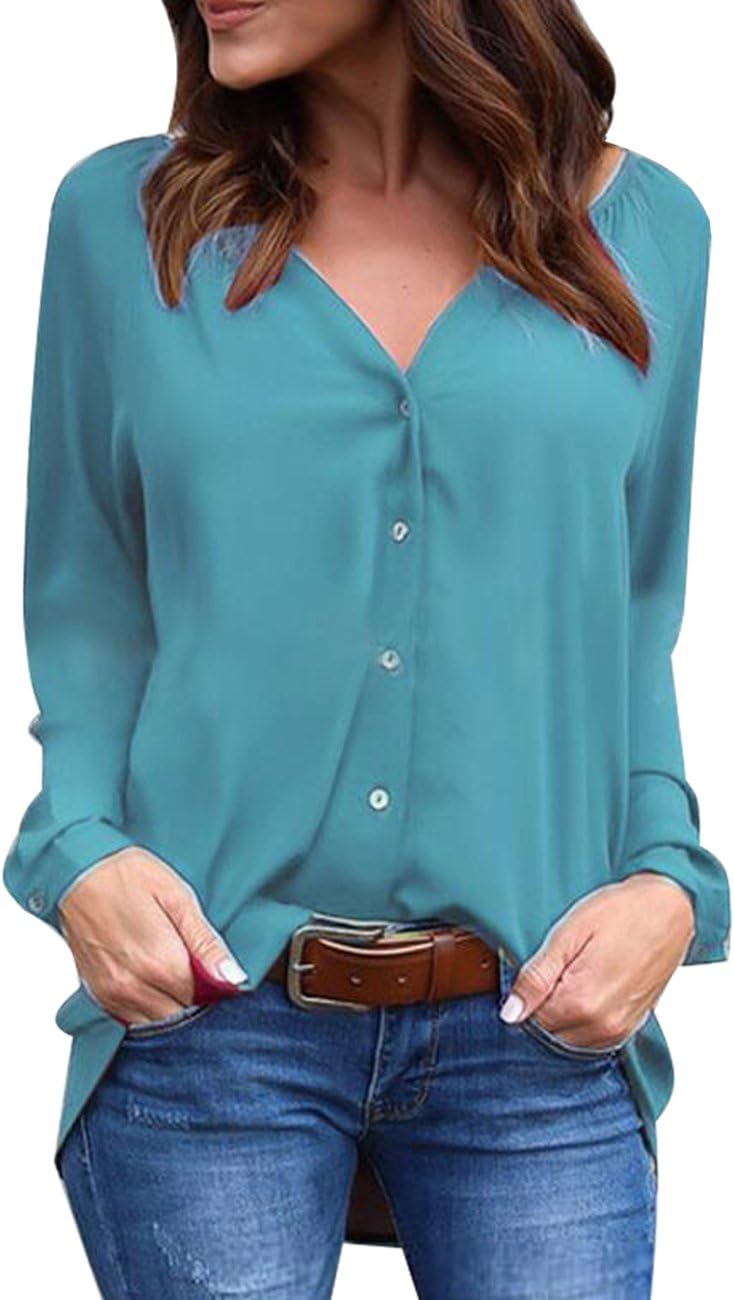 Women's Chiffon Blouses Button Down Shirts V Neck Classic Tops and Tees