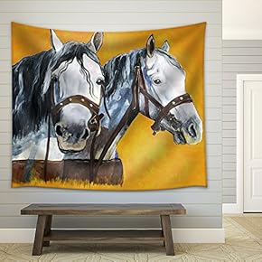 Shire Horses Portrait Painting - Fabric Wall Tapestry Home Decor - 51x60 inches