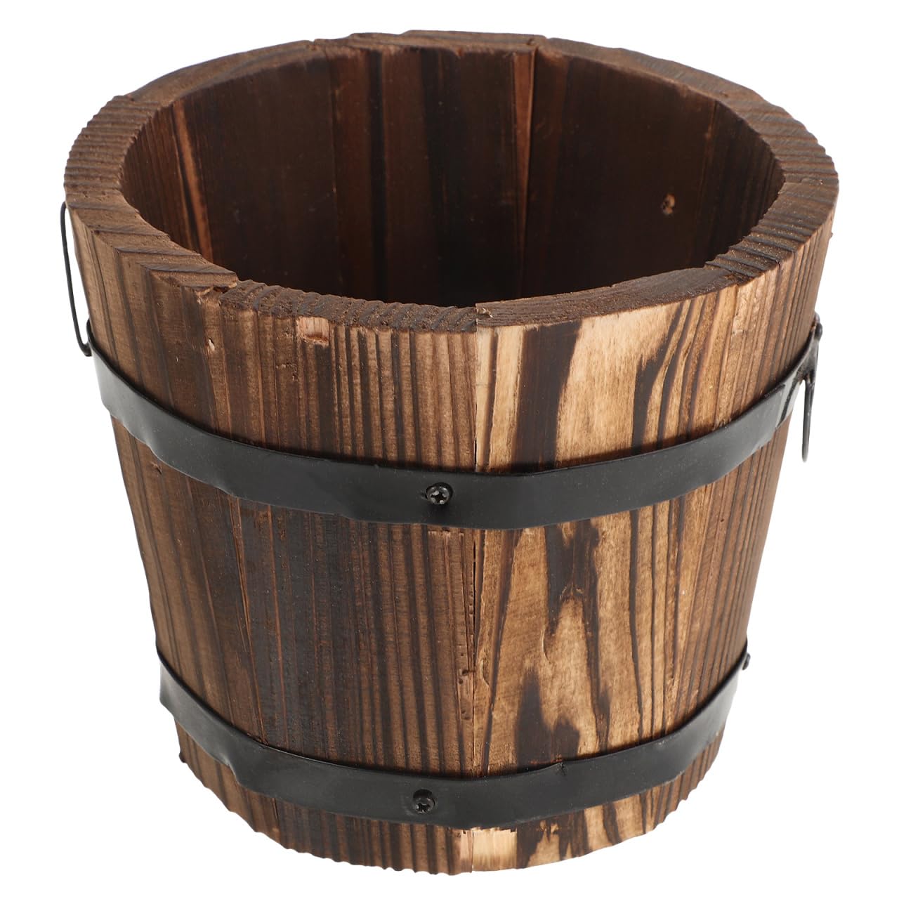Wooden Round Barrel Planter Flat Mouth Flower Pot for Home Decoration Small Retro Style Garden Pot Brown with Drainage for Use