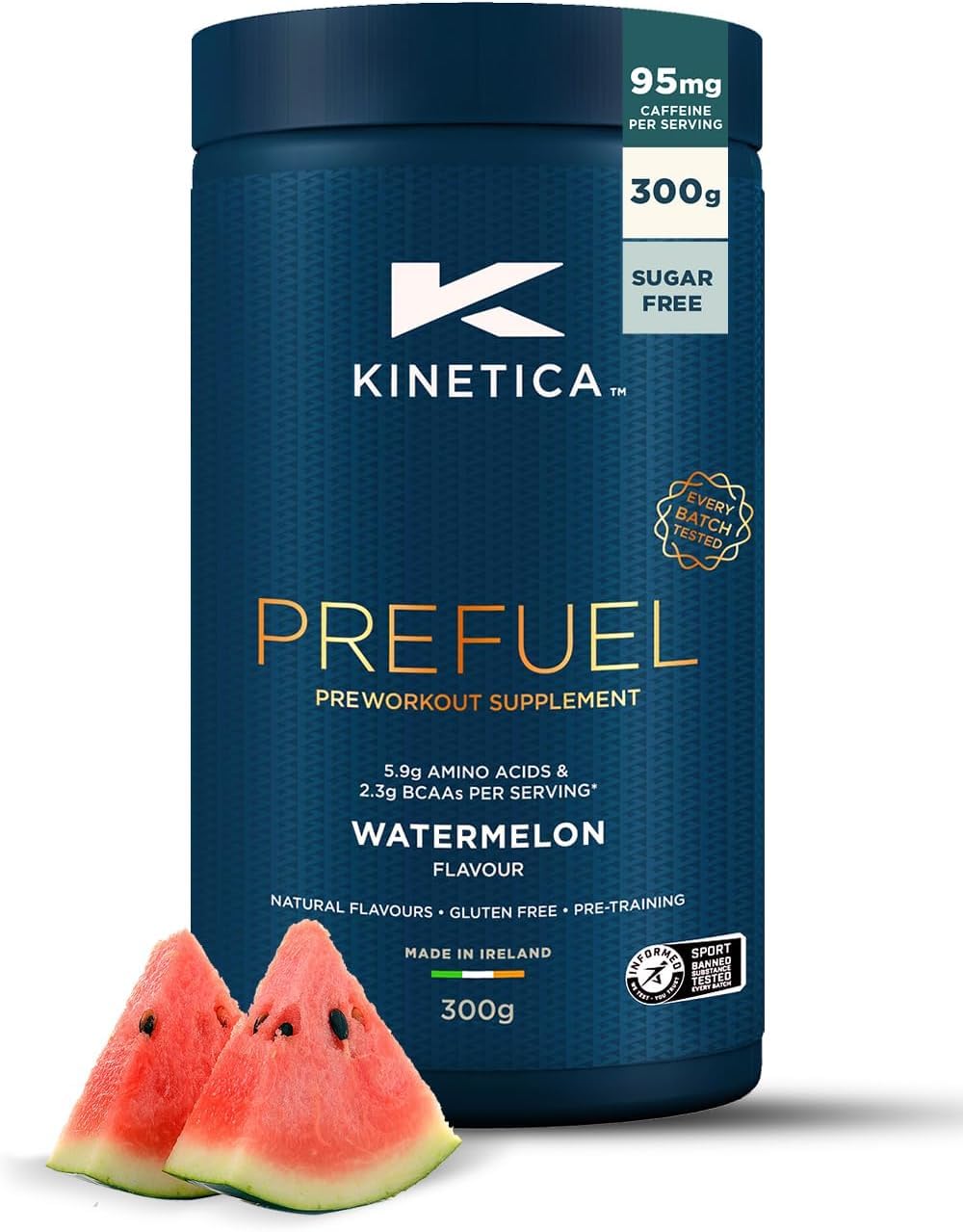 Kinetica Sports Prefuel Pre Workout-Watermelon Flavour |5.9g Amino Acids Blend, 2.3g BCAA's & 95mg Caffeine/Serve, 30 Servings/300g|With Essential Vitamins Minerals|Supports Performance & Energy Boost