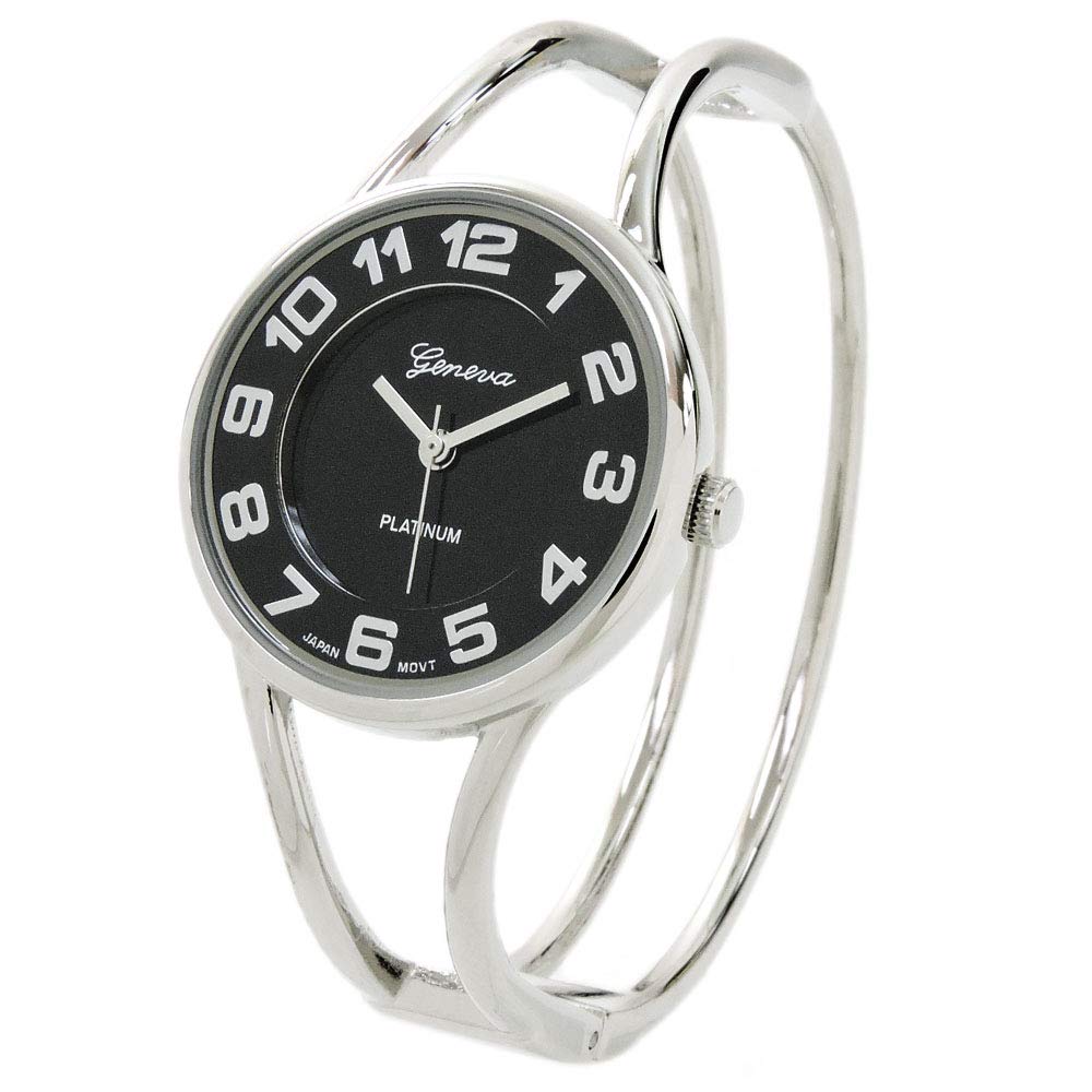 STC Silver Black Round Face Metal Double Band Fashion Women's Bangle Cuff Watch