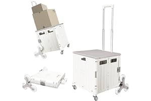 Honshine Foldable Cart with Stair Climbing Wheels, Collapsible Rolling Crate with Telescoping Handle, Handcart for Grocery Book File Tool Art Supplies(Milky White)