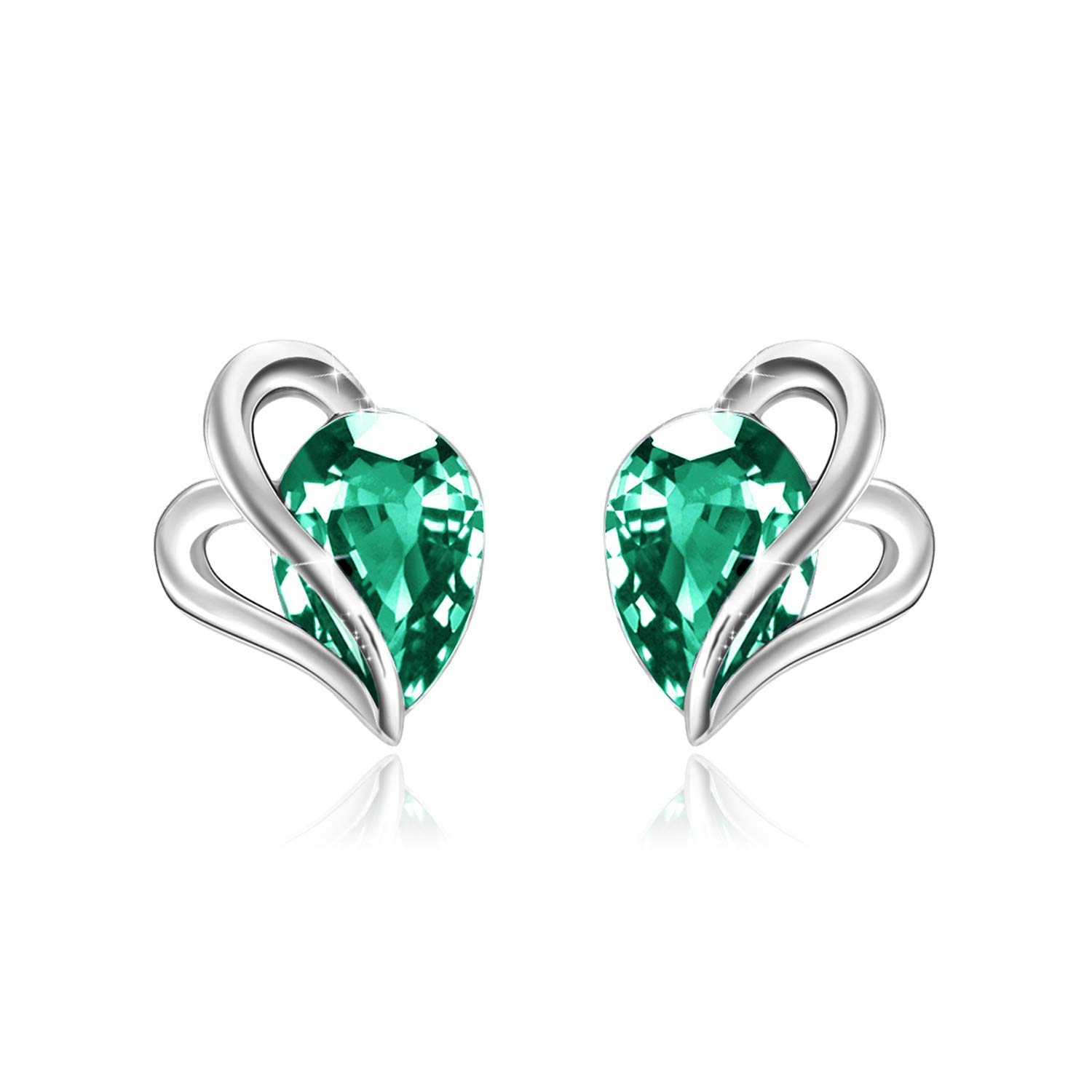 AOBOCO Sterling Silver Earring Studs for Women with May Birthstone Crystals, Love Knot Heart Earrings Hypoallergenic, 14K White Gold Plated (Emerald) โ image 1
