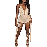 Ophestin Women Sexy Two Piece Outfits V Neck Halter Backless Bra Top Bodycon Shorts Side Ribbons Going Out Club Outfits