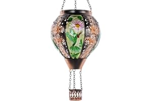 DREAMSOUL Hummingbird Hot Air Balloon Solar Lantern, Metal & Glass Flickering Flame Light Solar Lantern, Hanging Waterproof Solar Lanterns Outdoor for Garden Patio Tree Decoration
