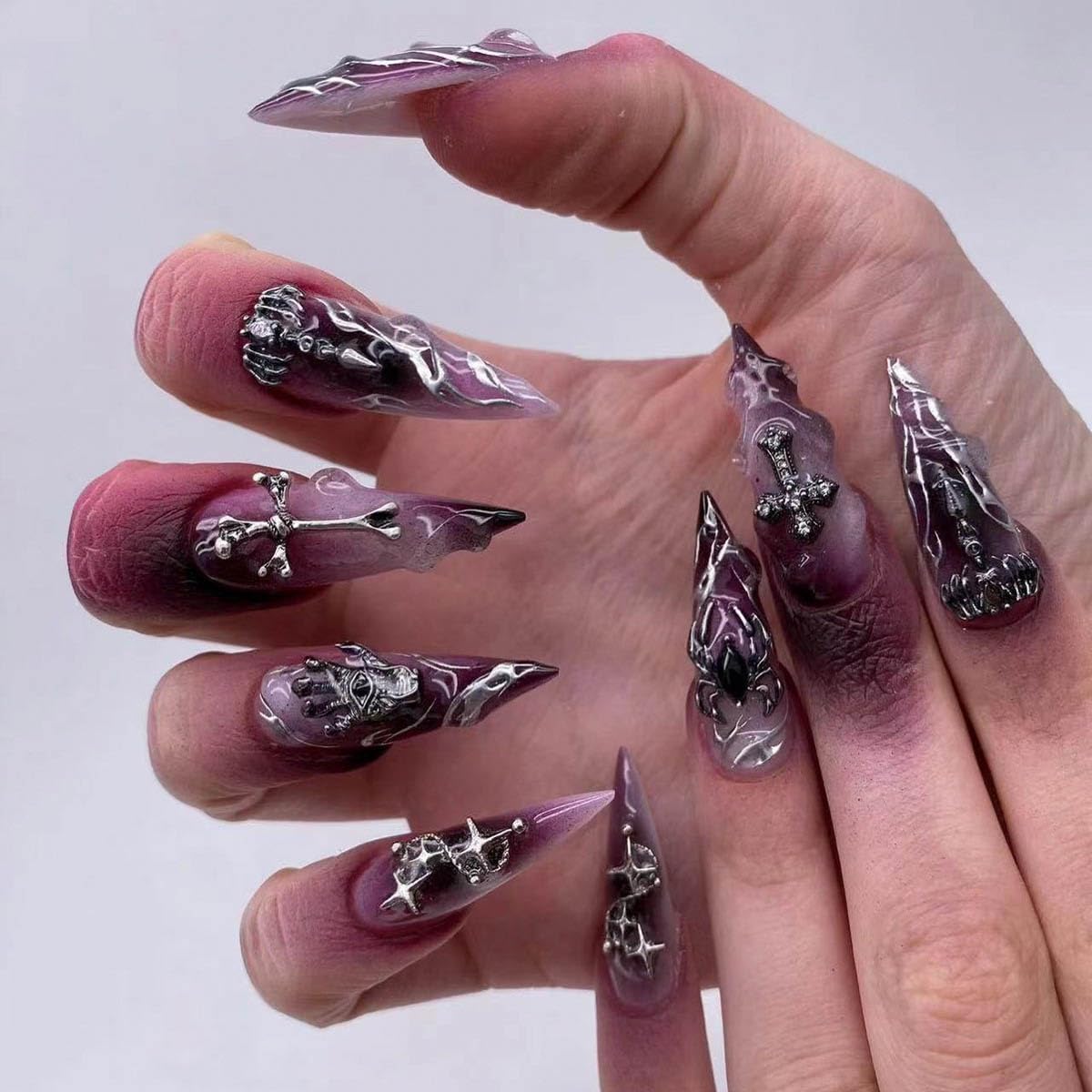 Clataly 24Pcs Halloween Press on Nails French Style Purple Flame Halo with Cross Spider 3D Decoration Fake Nails for Women (B, 24)