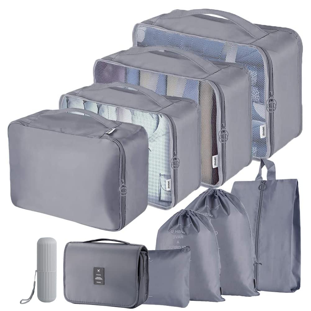 Toifucos 10pcs Packing Cubes Set for Suitcase, Luggage Organizers, Waterproof Compression Bags, Travel Essentials (Grey), S