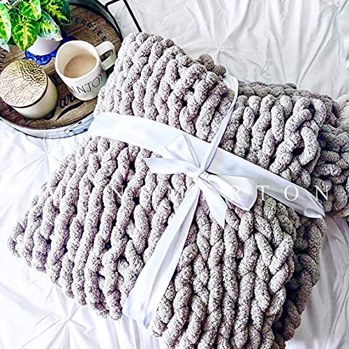 Mansmerton Chunky Knit Blanket ThrowLarge50"x60"GreyWarm Soft crochet Chenille Yarn Thick Knit