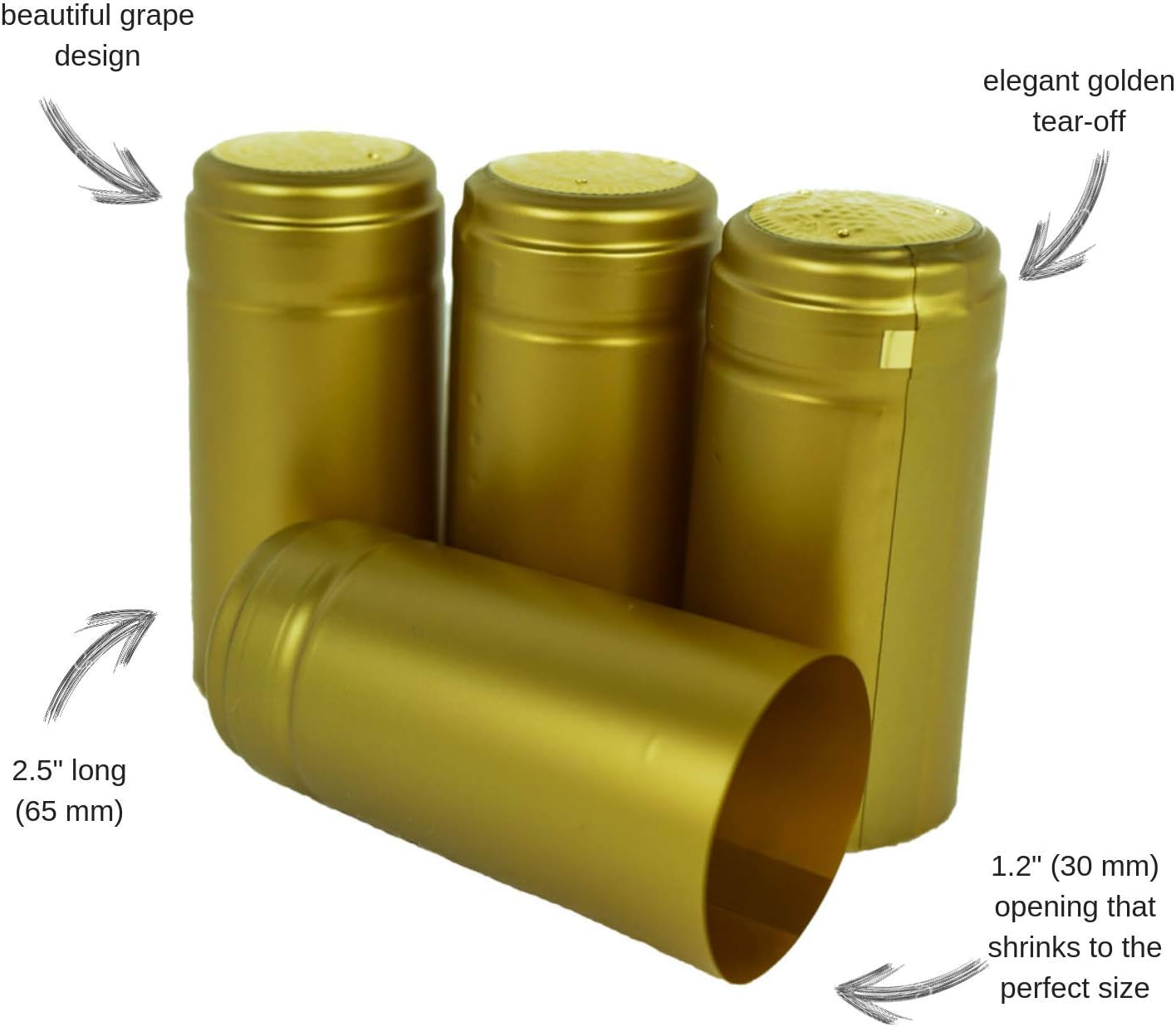 PVC heat shrink capsules with tear tab - 100 count, suitable for wine bottles, classic gold finish, premium quality shrink bottle sleeves for professional and home use: Kitchen & Dining