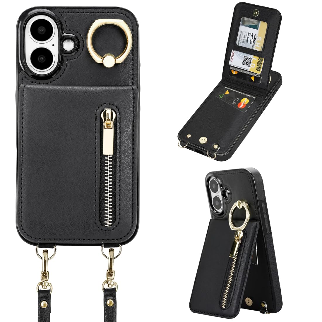 uCOLOR for iPhone16 Wallet Case with Card Holders for Women, Crossbody Zipper Protective Leather Case with Strap Wrist Ring RFID Protective (Black, iPhone 16 6.1)