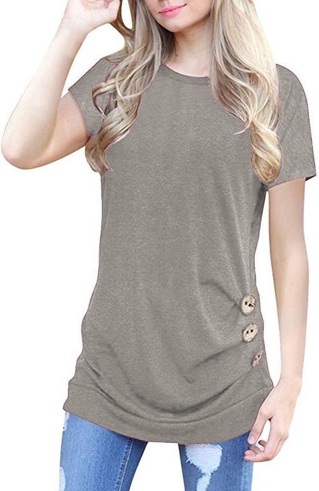Short Sleeve Tunics for Women to Wear with Leggings Loose Button Trim Blouse Solid Color Round Neck T-Shirt