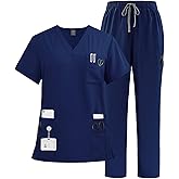 VIAOLI Scrubs Set Multiple pockets V-Neck Top and Drawstring Scrub Pant - Medical Uniform Women Scrub Set Clearance