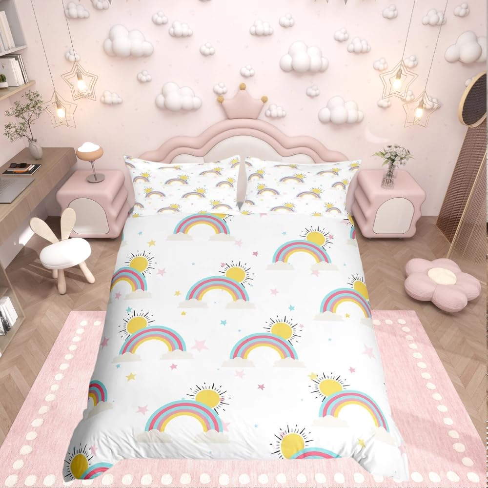 Girls Kids Duvet Cover Set 200x200cm Rainbows Sunshine Bedding Set Decorative Reversible Microfiber Polyester Stripes White Bedding Double Size Comforter Cover with 2Pillow Shams 3 Pieces Zipper — image 1
