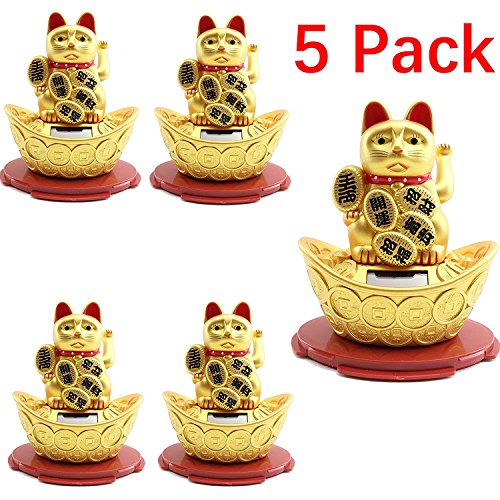 Set of 5 Solar Powered Japanese Lucky Cat. MANEKI-NEKO Welcoming Money Happy Raging Cat on Golden Ingot,Warding Off Bad Spirits,Good luck ~We Pay Your Sales Tax