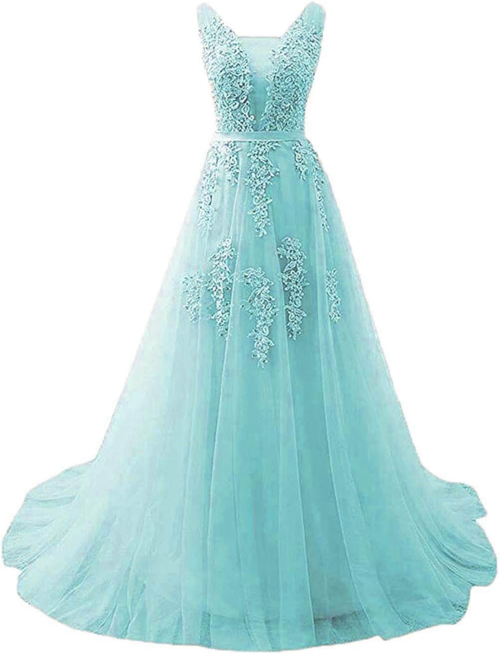 Huifany Women's V Neck Lace A-line Empire Long Formal Evening Dress Prom Gown