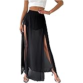 SweatyRocks Women's High Split Sheer Mesh Maxi Skirts High Waist Flowy Skirt with Short