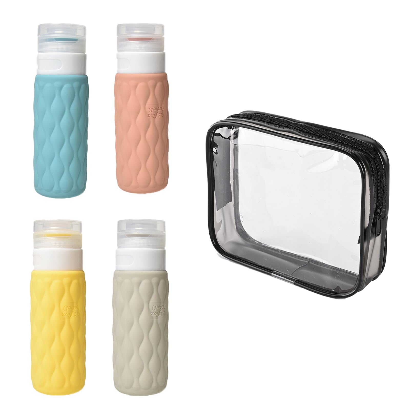 Sicheii 4 Pack 100 ml Silicone Travel Bottles for Toiletries with Storage Bag, Leakproof Travel Size Squeeze Lotion Bottle, Refillable Liquid Shampoo Container Tube Storage for Traveling (B)