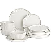Famiware Starlight Plates and Bowls Dishes Set of 4 (12 Pieces), Ribbed Textured Stoneware Dinnerware Sets- Dishwasher & Microwave Safe, Chip Resistant, Matte Reactive White