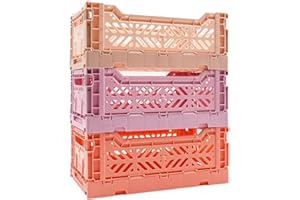 LUNA CRATES Collapsible Storage Box, Foldable Crate Organizer Bin with Handle, Stackable Crates for Home Organization (Salmon-Lilac-Purple, 4L - 3-Pack)