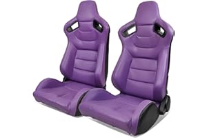 IKON MOTORSPORTS, Universal Racing Seats with 14" Dual Sliders, Purple PU & Carbon Leather Back W/Purple Stitching Reclinable Sport Bucket Seats for Cars, 1 Pair Driver + Passenger Side 2PC
