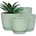 Whonline Plastic Planter 10/9/8/6 Inch Flower Pot Indoor Plastic Pots for Plants with Drainage Hole and Tray Modern Decorative for Gifts Succulents Flowers Cactus, Green