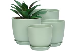 Whonline Plastic Planter 10/9/8/6 Inch Flower Pot Indoor Plastic Pots for Plants with Drainage Hole and Tray Modern Decorative for Gifts Succulents Flowers Cactus, Green