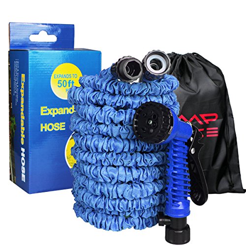 CampFENSE Garden Hose 7 Spray Modes with Storage Bag 50FT or 75FT Expandable Extra-Strength Latex Water Shrinking Hose Adjustable Durable Flexible Magic Hose (50FT, Blue)