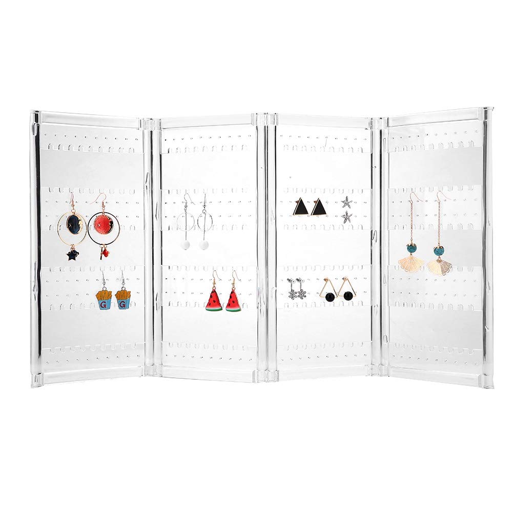 Salmue Foldable 4 Panel Jewelry Stand Holder, Transparent or Black, Holds Up to 120 Pairs of Earrings, Portable Earring Display Stand Organizer