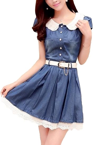 Amazon レースラウンドカラー デニムワンピース レース裾 大きいサイズも ベルト付き プリーツスカート パフスリーブ サマードレス 春夏 レディースファッション カジュアル エレガント フェミニン ストリート デート 旅行 トラベル スウィート ガーリー キュート