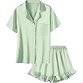 Umeyda Girls Satin Pajamas Set Button Down 2 Piece Silk Pjs Shorts Set Ruffle Sleepwear, Light Green, 11-12 Years
