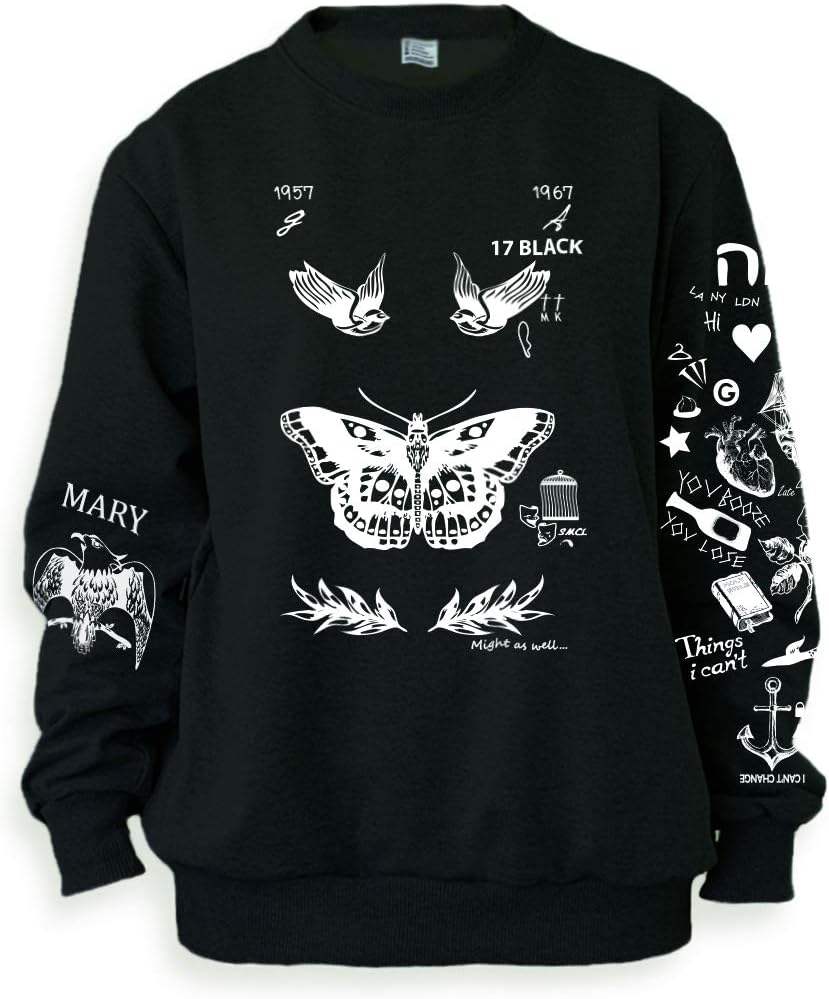 Noonew Women's Butterfly Tattoos Sweatshirt Sweater Jumper Pullover Black Shirt