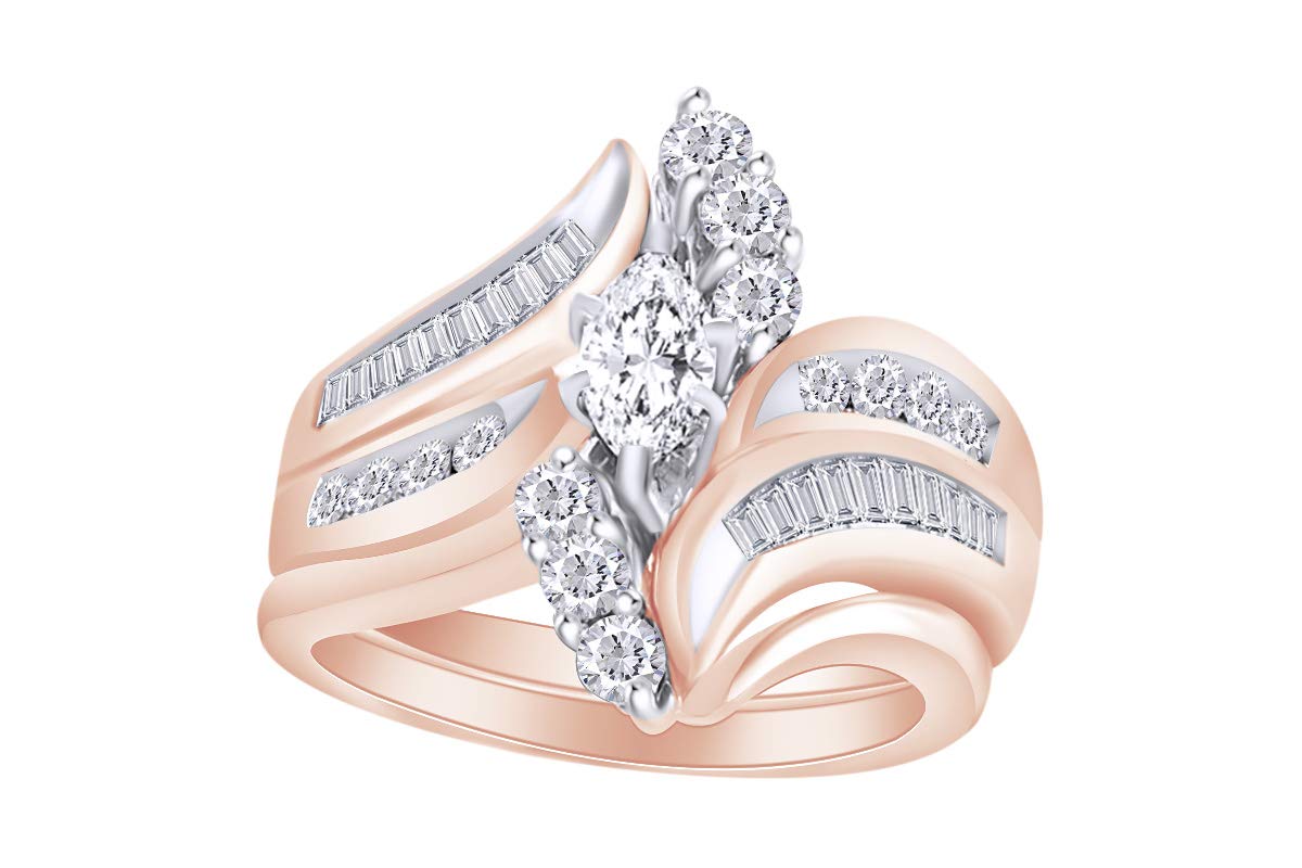 1 1/2 Cttw Womens Marquise Natural Diamond Bridel Engagement Ring Band Set 14Kt Solid Gold (I-J Colo