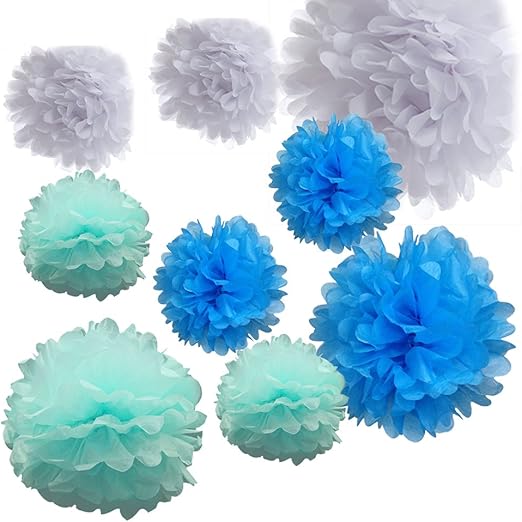 Alxcio 9pcs Papier Boule De Fleurs De Soie Pompon Pour Noël Mariage Fête Diy Décoration10 Pouces Et 14 Pouces Blanc Bleu Clair Bleu Foncé