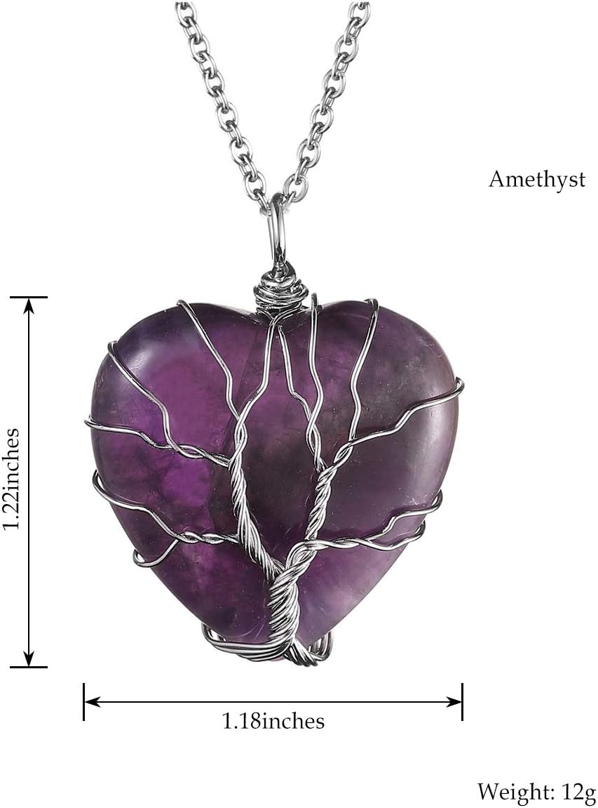 JOVIVI Amethyst Heart Tree of Life Crystal Necklace Women Healing Purple Heart Stone Wire Wrapped Pendant Necklace Amethyst Jewellery Gifts - Image 3