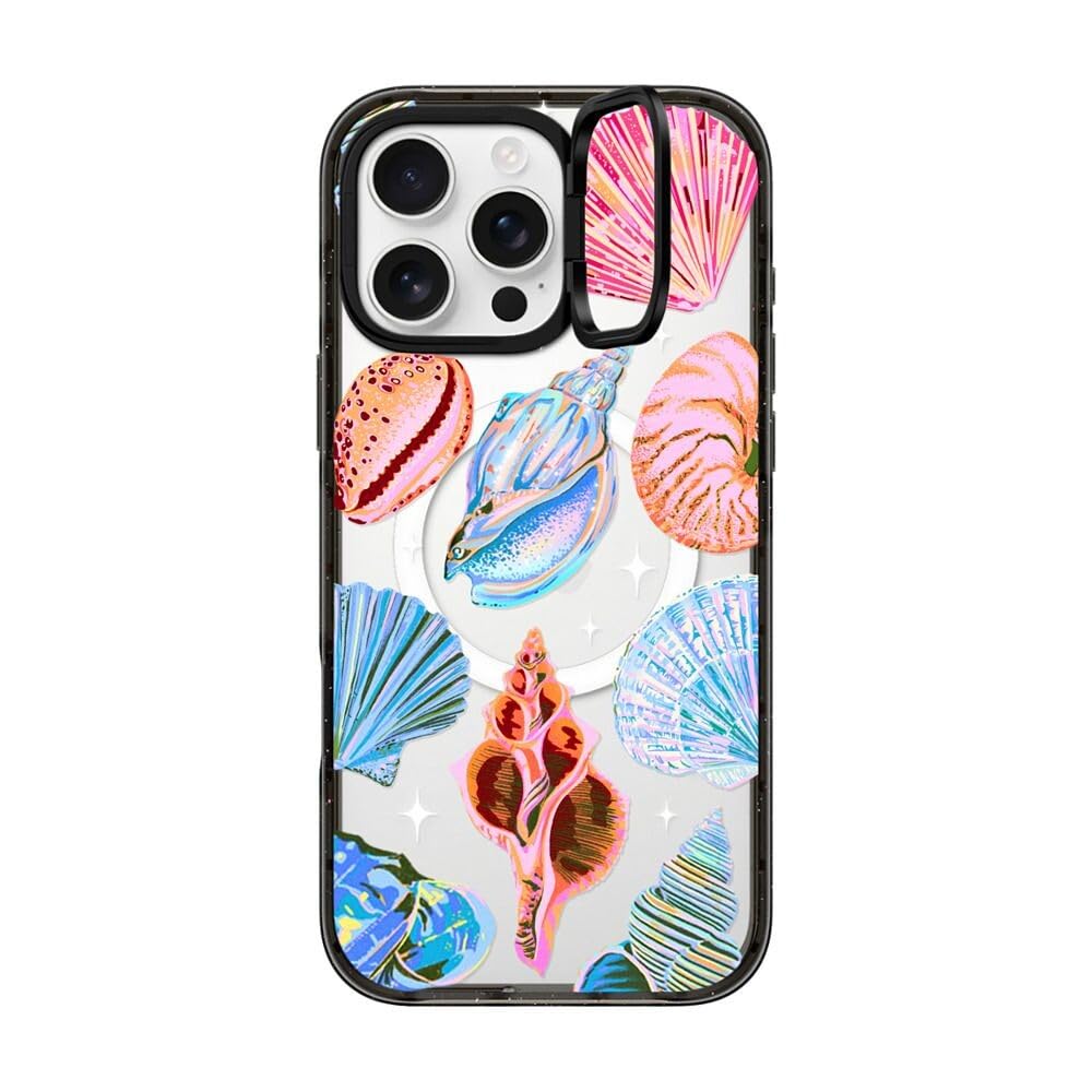 CASETiFY Impact Ring Stand iPhone 16 Pro Max Case [Kickstand / 6.6ft. 3X Military Grade Drop Protection/Compatible with Magsafe] - Seashell - Clear Black