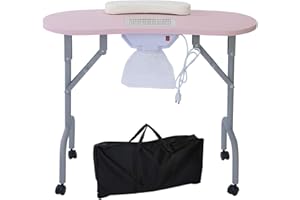 AGESISI Portable Manicure Table Foldable Nail Desk with Dust Collector Professional Nail Tech Table for Technician Spa Salon Workstation, Client Wrist Pad Carry Bag 4 Lockable Wheels, 36-inch, Pink