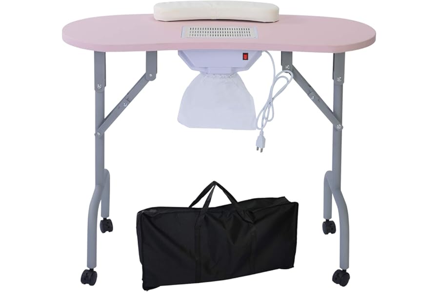 AGESISI Portable Manicure Table Foldable Nail Desk with Dust Collector Professional Nail Tech Table for Technician Spa Salon Workstation, Client Wrist Pad Carry Bag 4 Lockable Wheels, 36-inch, Pink