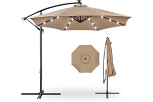Best Choice Products 10ft Solar LED Offset Hanging Market Patio Umbrella for Backyard, Poolside, Lawn and Garden w/Easy Tilt Adjustment, Polyester Shade, 8 Ribs - Tan