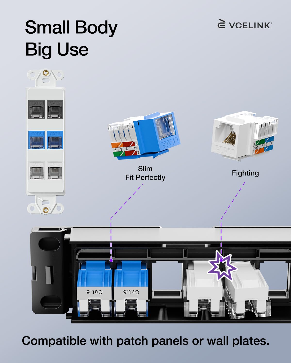 VCELINK RJ45 Cat6 Keystone Jacks with Dust Cover, Dust-Proof Keystone Jacks, Slim Profile 25-Pack, 90-Degree Punch Down Ethernet Modular Jacks, UTP Keystone Jack Adapter, Blue