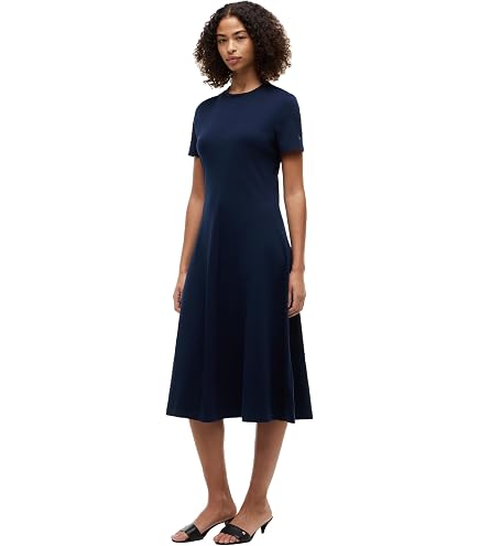 Tommy Hilfiger Women's Short Sleeve Ruched Waist Denim Tiered Midi Dress, Dark Benson, 2 at Amazon Women's Clothing store