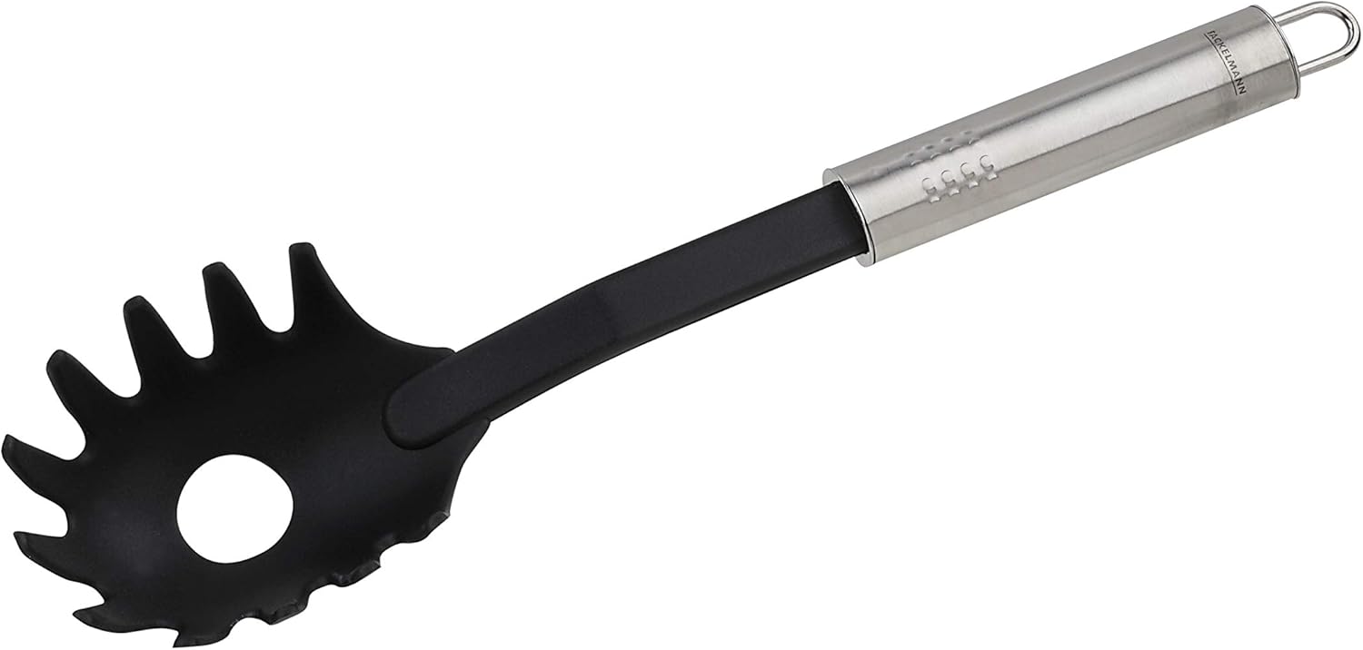 FACKELMANN Spaghettilöffel 30 cm OVALGRIFF, Nudellöffel aus Edelstahl und Kunststoff, Küchenhelfer für beschichtete Pfannen und Töpfe (Farbe: Silber/Schwarz), Menge: 1 Stück